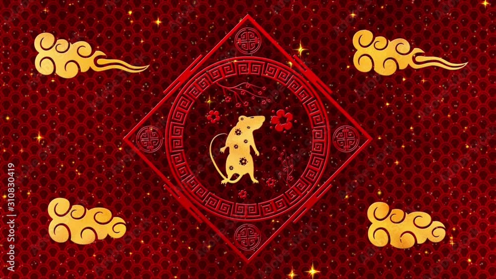 Red Chinese New Year background with gold, rat, fireworks, 3D rendering loop 4k. Magical Happy new year animation. Red Chinese New Year background with gold, rat, fireworks, 3D rendering loop 4k. Magical Happy new year animation.