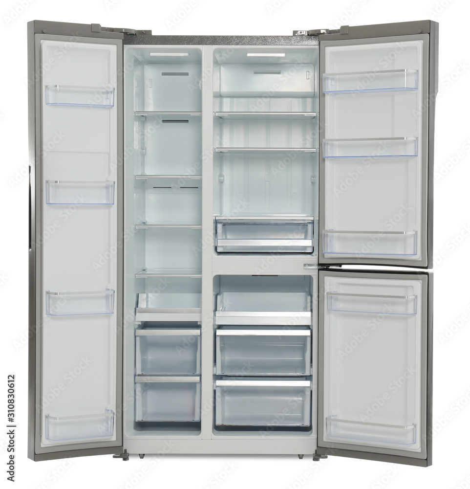 Empty stainless steel refrigerator isolated on white Empty stainless steel refrigerator isolated on white