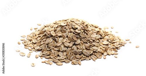 Spelt flakes, rye grain cereal for breakfast isolated on white background