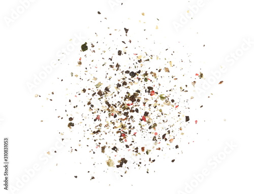 Colorful minced, ground pepper mix pile isolated on white background, top view
