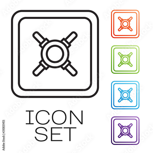 Black line Safe icon isolated on white background. The door safe a bank vault with a combination lock. Reliable Data Protection. Set icons colorful. Vector Illustration