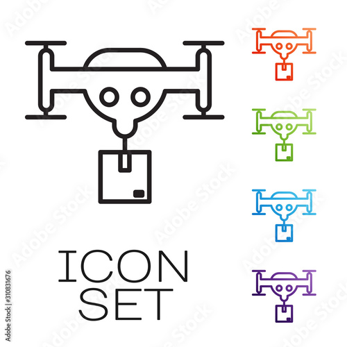 Black line Delivery drone with the package icon isolated on white background. Drone delivering cardboard box. Set icons colorful. Vector Illustration