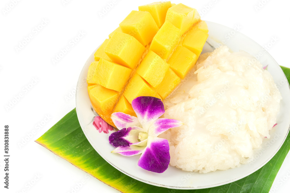 mango and sticky rice,Thai style tropical dessert on white background