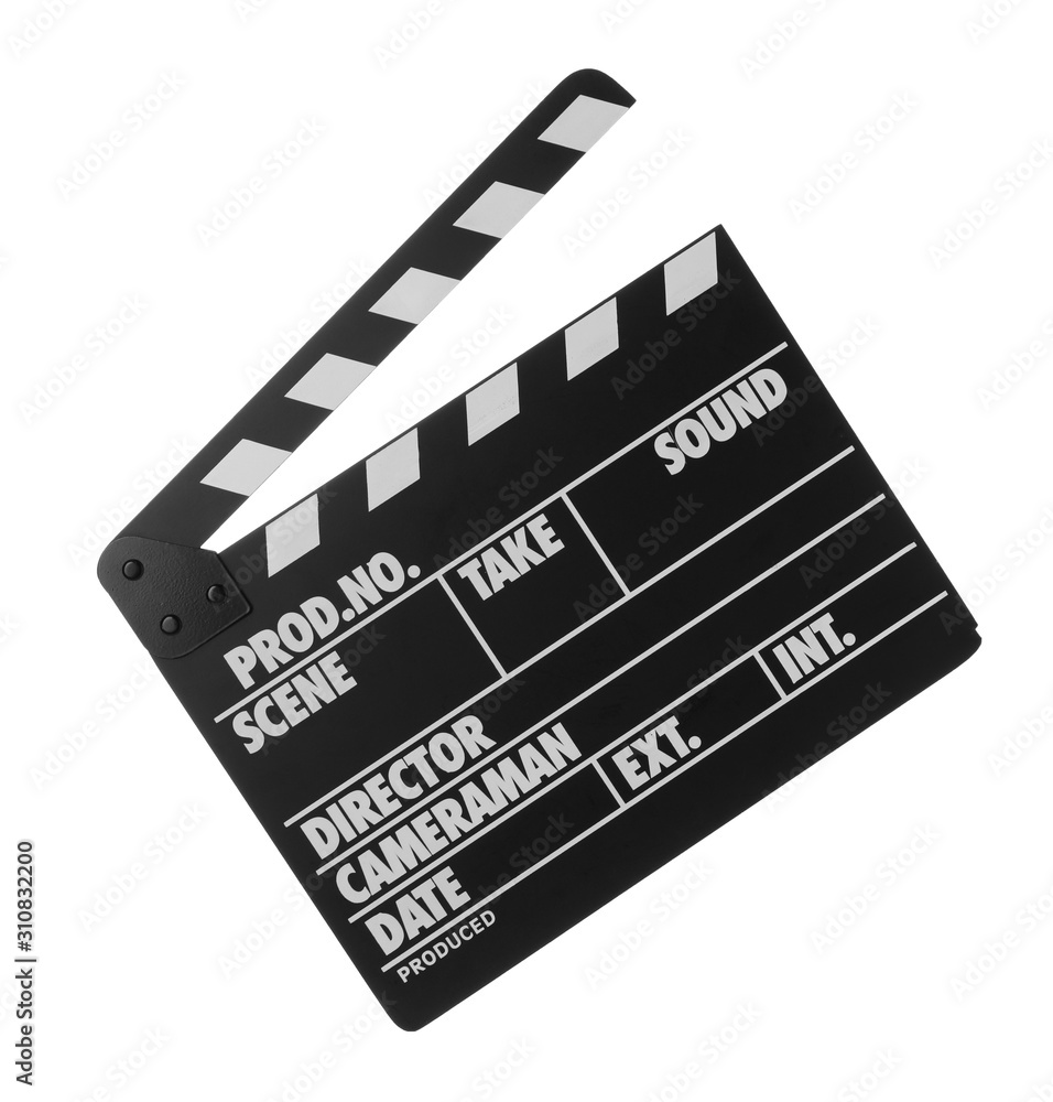 Naklejka premium Clapper board isolated on white. Cinema production