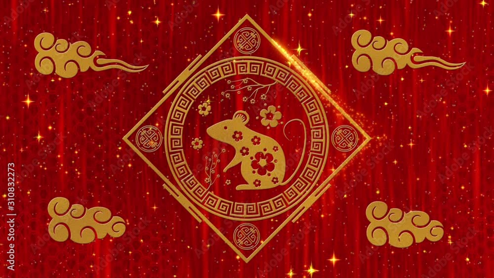 Lunar New Year, Spring Festival background with golden rat, glittering stars and clouds. Chinese new year red paper backdrop for holiday event. 3D rendering animation. Seamless loop 4k video. Lunar New Year, Spring Festival background with golden rat, glittering stars and clouds. Chinese new year red paper backdrop for holiday event. 3D rendering animation. Seamless loop 4k video.