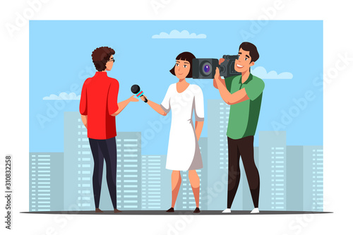 Woman journalist interviewing man on city street