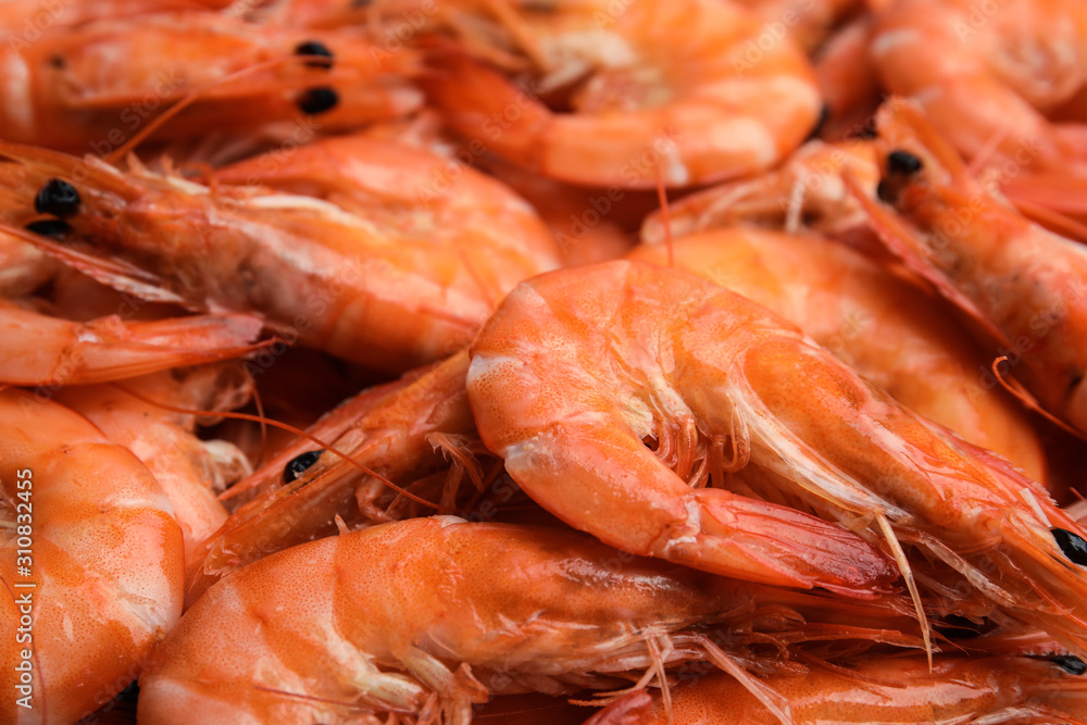 Pile of delicious cooked shrimps as background, closeup Pile of delicious cooked shrimps as background, closeup