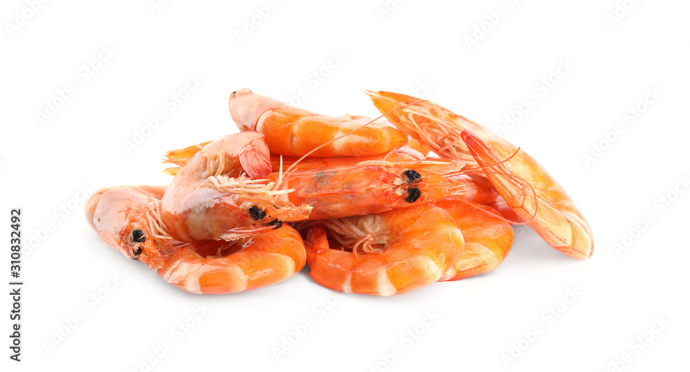 Delicious cooked whole shrimps isolated on white Delicious cooked whole shrimps isolated on white