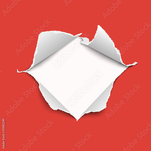 Snatched middle of vector red paper with torn edges, soft shadow and empty space. Damaged sheet with white background for ad and other aims. Template paper design.