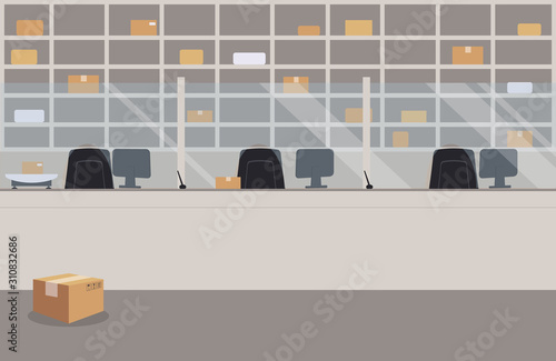 Interior of post office, postal scales, parcels, barrier, shelving, elegant serve counter,workplaces post workers with chairs and modern monitors,boxes,vector illustration