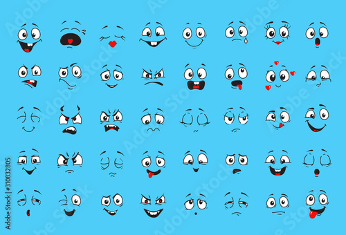 Cartoon faces for humor or comics design, Funny expressions collection. Smiling angry
