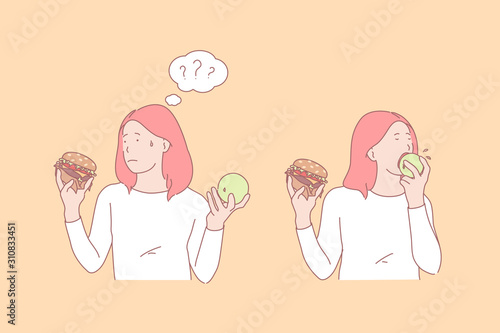 Food choice, healthy and unhealthy nutrition, apple and burger concept