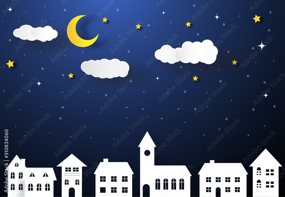 city at night.paper art style.Vector of a crescent moon with stars on a cloudy night sky. Moon and stars background.