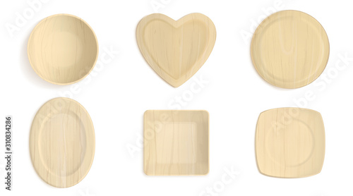 Empty wooden different shapes bowls top view. Realistic vector mockup of square, round and heart shaped plates. Set of timber crockery isolated on white background
