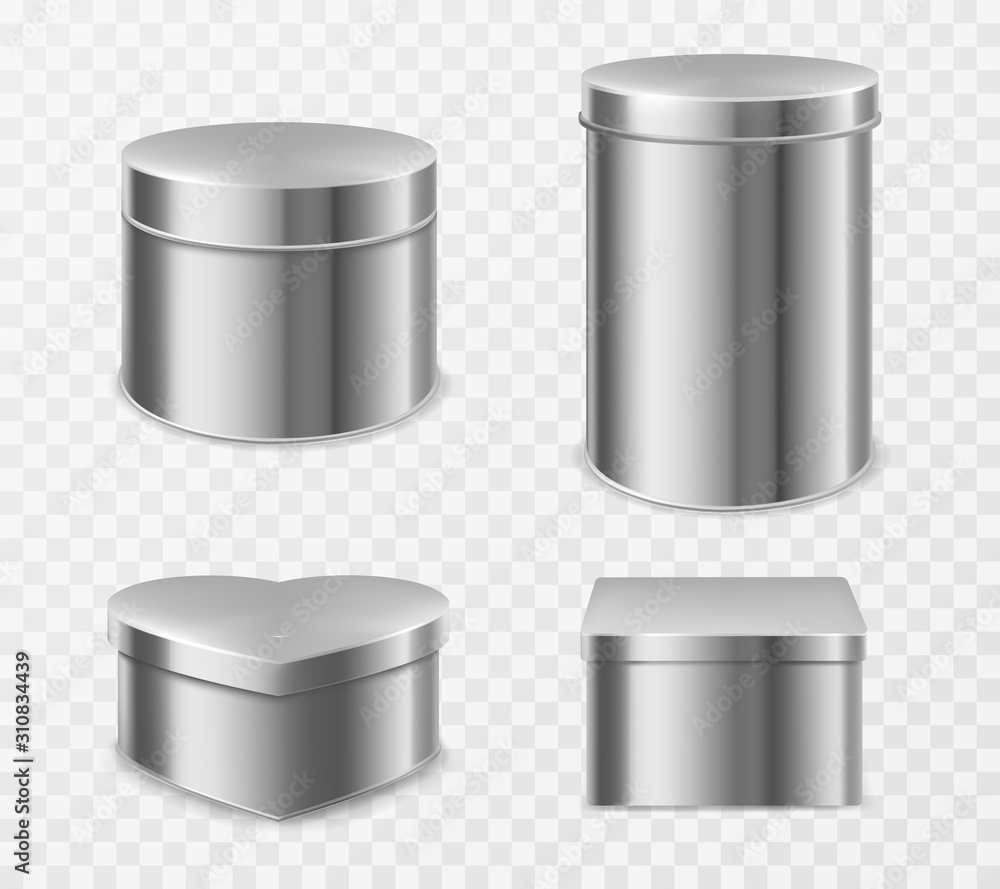Metal tin boxes for tea, candies or coffee. Vector realistic mockup of small and tall round, square and heart shape cans for packaging dry products and sweets isolated on transparent background Metal tin boxes for tea, candies or coffee. Vector realistic mockup of small and tall round, square and heart shape cans for packaging dry products and sweets isolated on transparent background