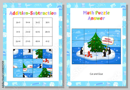 Addition, Subtraction Math Puzzle Worksheet. Educational Game. Mathematical Game. Merry Christmas and Happy New Year. Vector illustration.