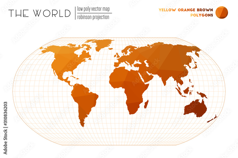 Polygonal map of the world. Robinson projection of the world. Yellow, Orange, and Brown colored polygons. Elegant vector illustration. Polygonal map of the world. Robinson projection of the world. Yellow, Orange, and Brown colored polygons. Elegant vector illustration.