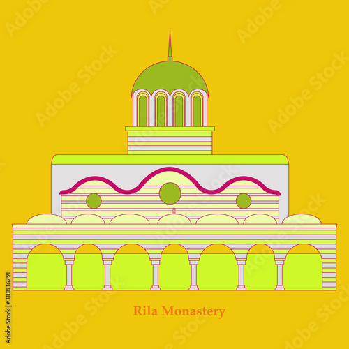 Rila Monastery in Bulgaria. Flat cartoon style historic sight showplace attraction web site vector illustration. World countries cities vacation travel sightseeing collection.