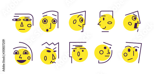 Set of linear faces and emotions. Flat vector illustration. Icon collection