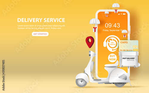 illustration of smartphone with Online delivery service application concept.Holiday Summer season.Motorcycle ship Paper cut and craft.Graphic motorcycle transport.Parachute gift box fly air Vector
