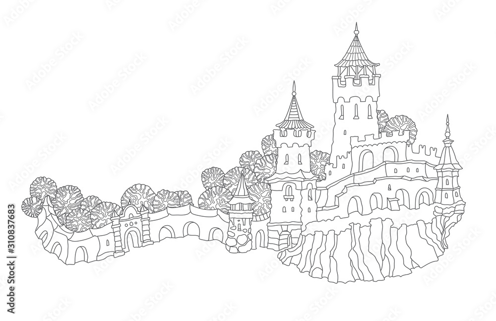 Vector outline contoured fantasy landscape, trees, fairy tale small town medieval castle on the hill. Black and white T shirt print, Brochure illustration, Adults Coloring Book page 