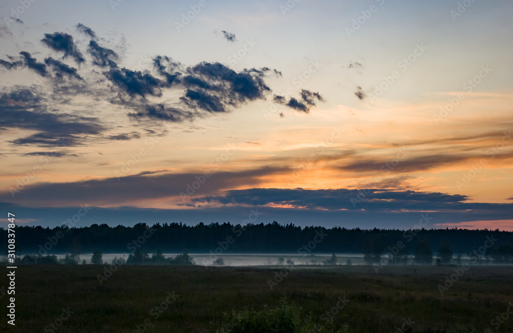 Fototapeta premium Summer colorful landscape - sunset and river