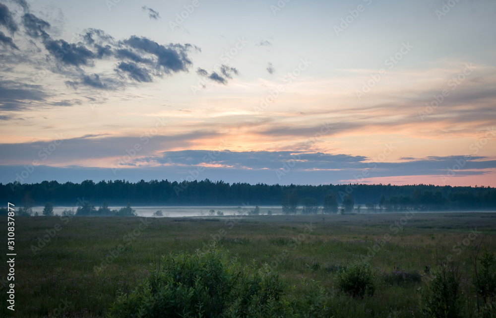 Summer colorful landscape - sunset and river