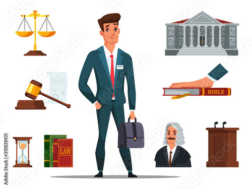 Man lawyer in suit and referee accessories set