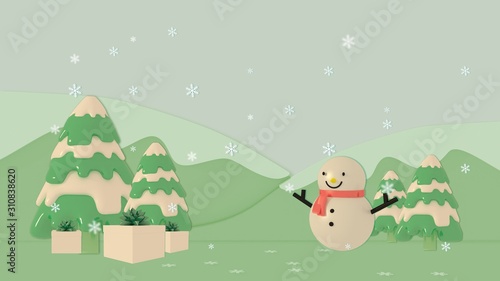 Snowman and gift box in a pine tree garden, 3D rendering, 3D illustrators