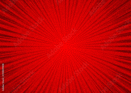 Abstract comic red background for style pop art design. Retro burst template backdrop. Light rays effect. Vintage comic book style, halftone modern print texture, vector.