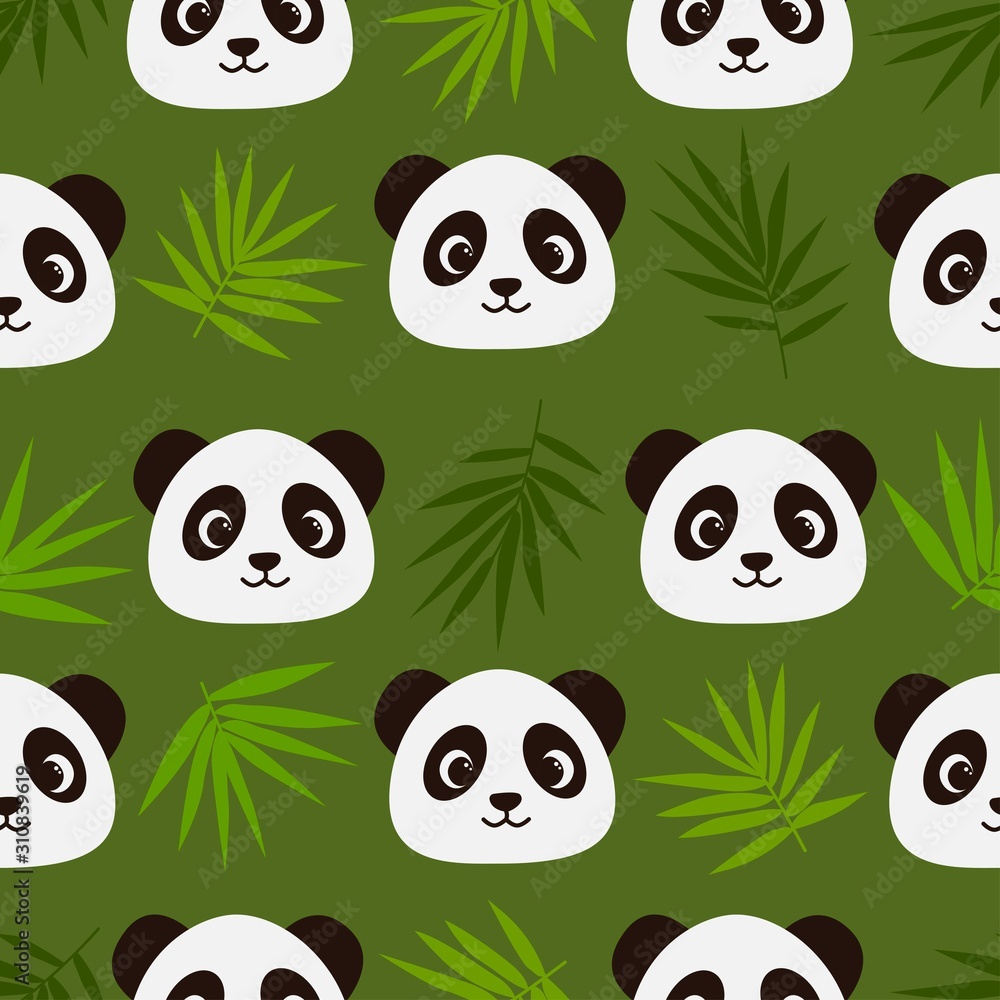 A seamless pattern with bamboo leaves and smiling panda face. Cute animal. Wrapping and fabric print. Colorful backdrop vector A seamless pattern with bamboo leaves and smiling panda face. Cute animal. Wrapping and fabric print. Colorful backdrop vector