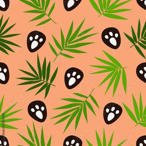 A seamless pattern with bamboo leaves and traces of panda paws. Wrapping and fabric print. Colorful backdrop vector