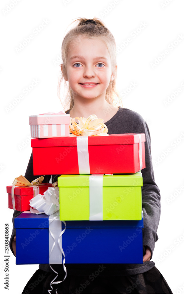 blonde girl holding in hands lots of boxes with gifts on isolated background blonde girl holding in hands lots of boxes with gifts on isolated background