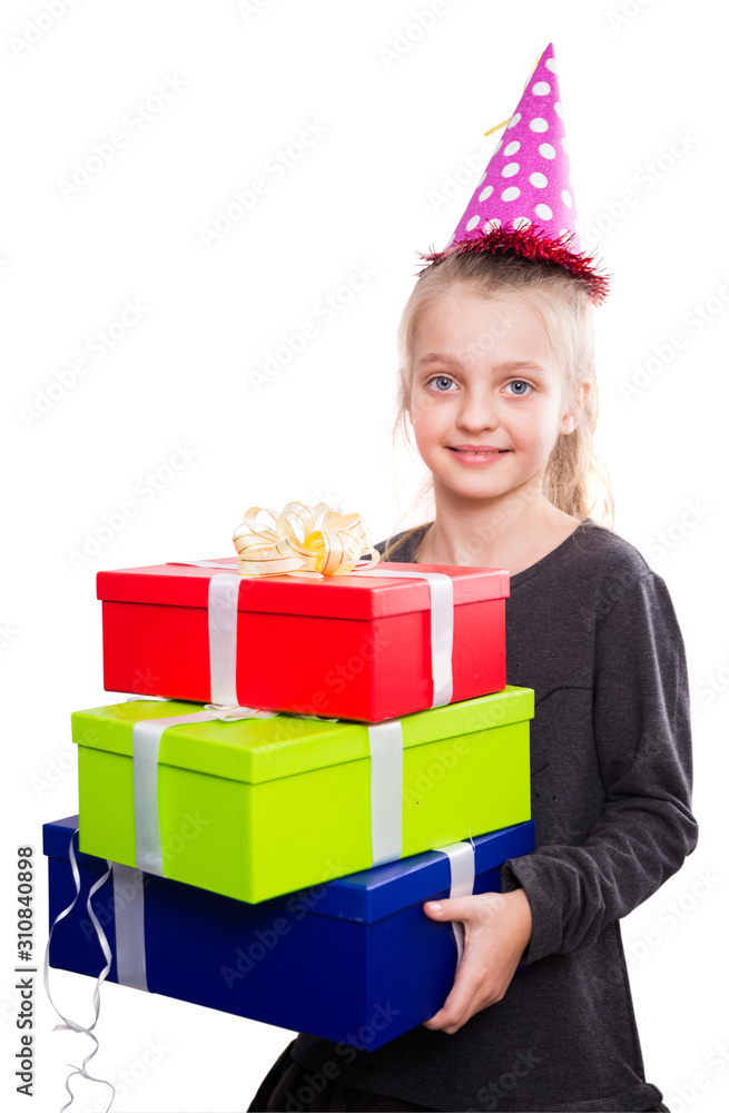 blonde girl holding in hands lots of boxes with gifts on isolated background blonde girl holding in hands lots of boxes with gifts on isolated background