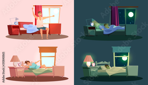 Sleep and awakening flat vector illustrations set