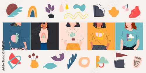 Set of female portraits various doodle objects.  Hand drawn vector abstract illustration. Flat design. All elements are isolated.