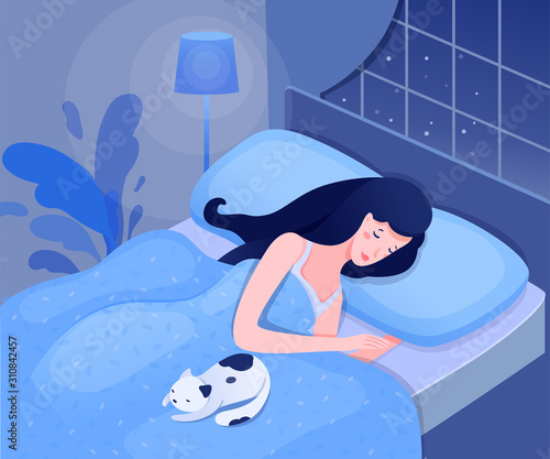 Sleeping young woman flat vector illustration