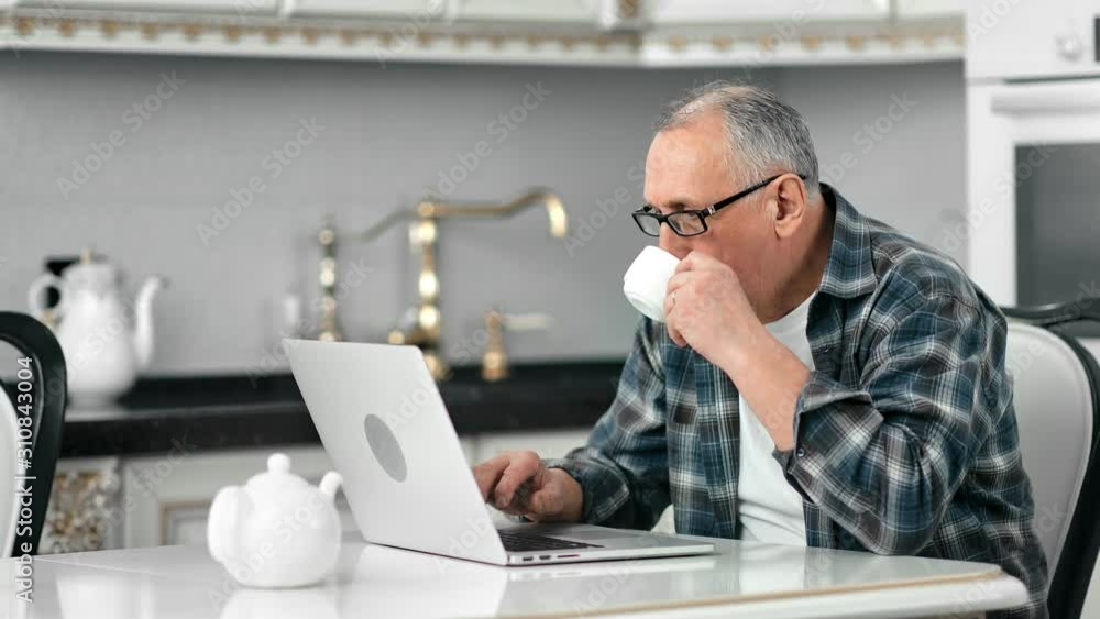 Confident aging gray-haired person concentrate looking at screen of computer writing text Confident aging gray-haired person concentrate looking at screen of computer writing text