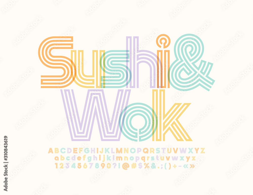 Vector creative logo Sushi & Wok. Trendy bright Font. Colorful Alphabet Letters and Numbers