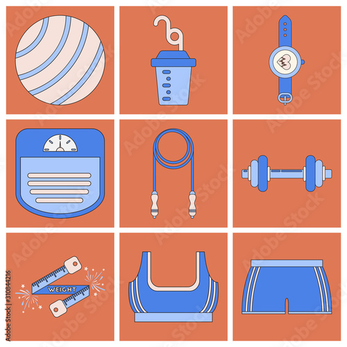 Set of Icons in flat design Fitness equipment