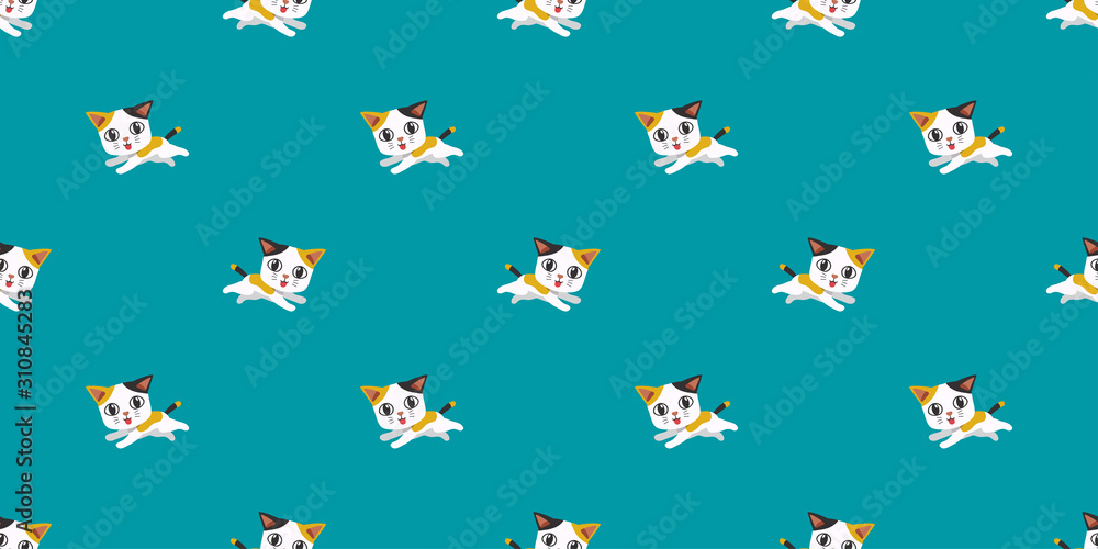 Vector cartoon cute running cat seamless pattern background for design.