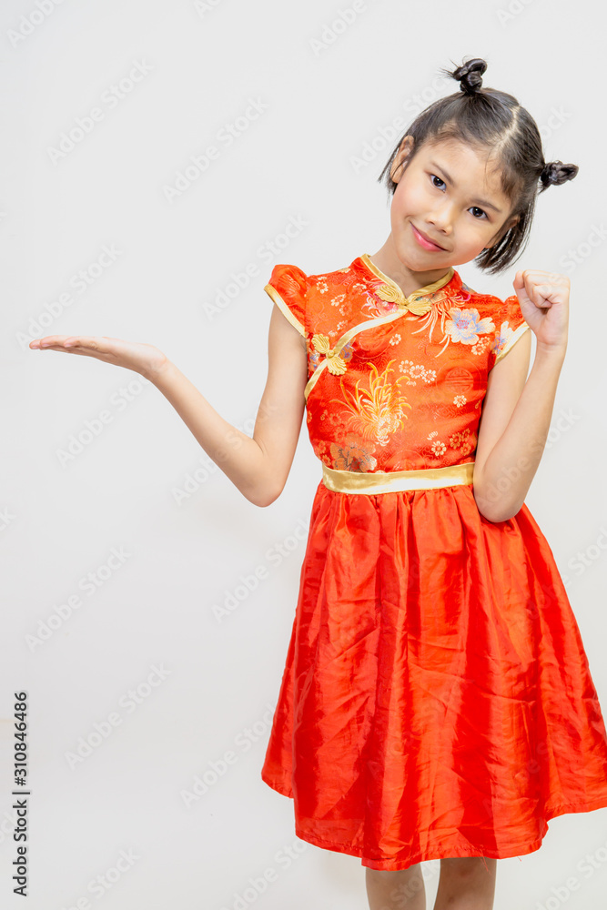 happy chinese new year.asian girls showing something.on White background happy chinese new year.asian girls showing something.on White background