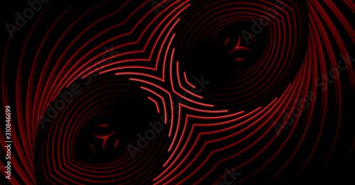 Red abstract vortex wallpaper. Futuristic eye shapes. Fractal element. Hypnotic radial lines background. 3D illustration. Optical illusion of motion. Red backdrop with geometric pattern.