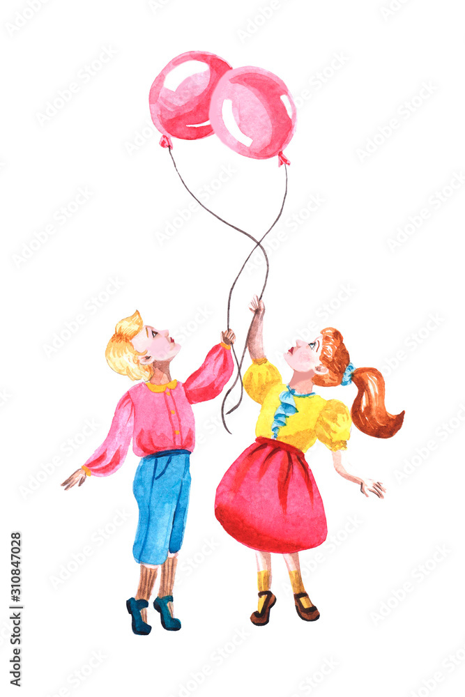 Watercolor sweet couple with balloons. Kids in love for Valentine's day