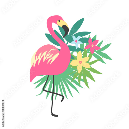 Flamingo. Tropical bird design with exotic plants and flowers