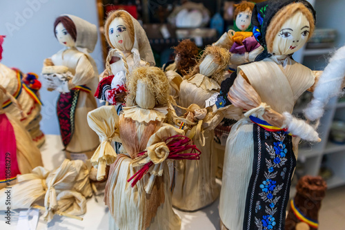 Romanian traditional colorful handmade dolls. Authentic handmade puppets