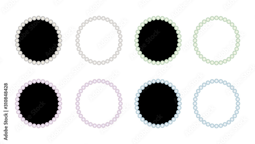 Collection of elegant romantic round frames with white, pink, green, blue pearls. Tender borders for card, invitation, banner, poster, flyer, certificate, voucher. Vector illustration