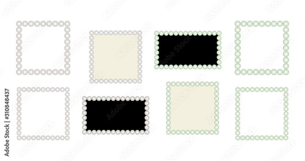 Set of square classical frames with white and green pearls compositions. Jewelry compositions for card, invitation, banner, poster, certificate, voucher. Vector illustration Set of square classical frames with white and green pearls compositions. Jewelry compositions for card, invitation, banner, poster, certificate, voucher. Vector illustration