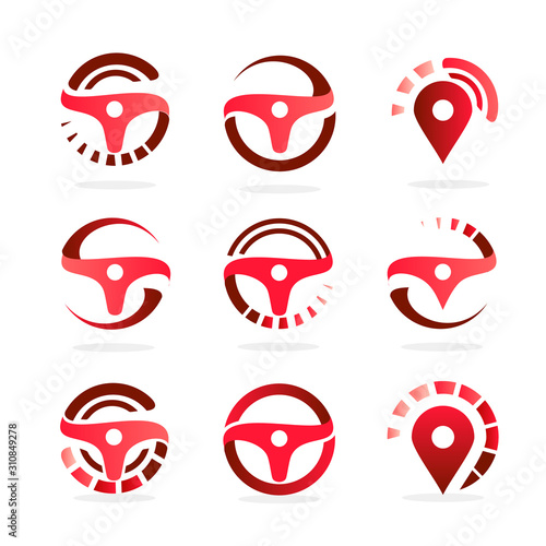 Car Steering Wheel set, abstract logo template. Navigation map icons. Automotive vector illustration.