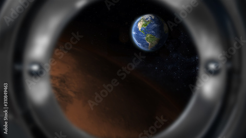 Mars and earth view from the window of the spacecraft illustration, some elements of this image furnished by NASA